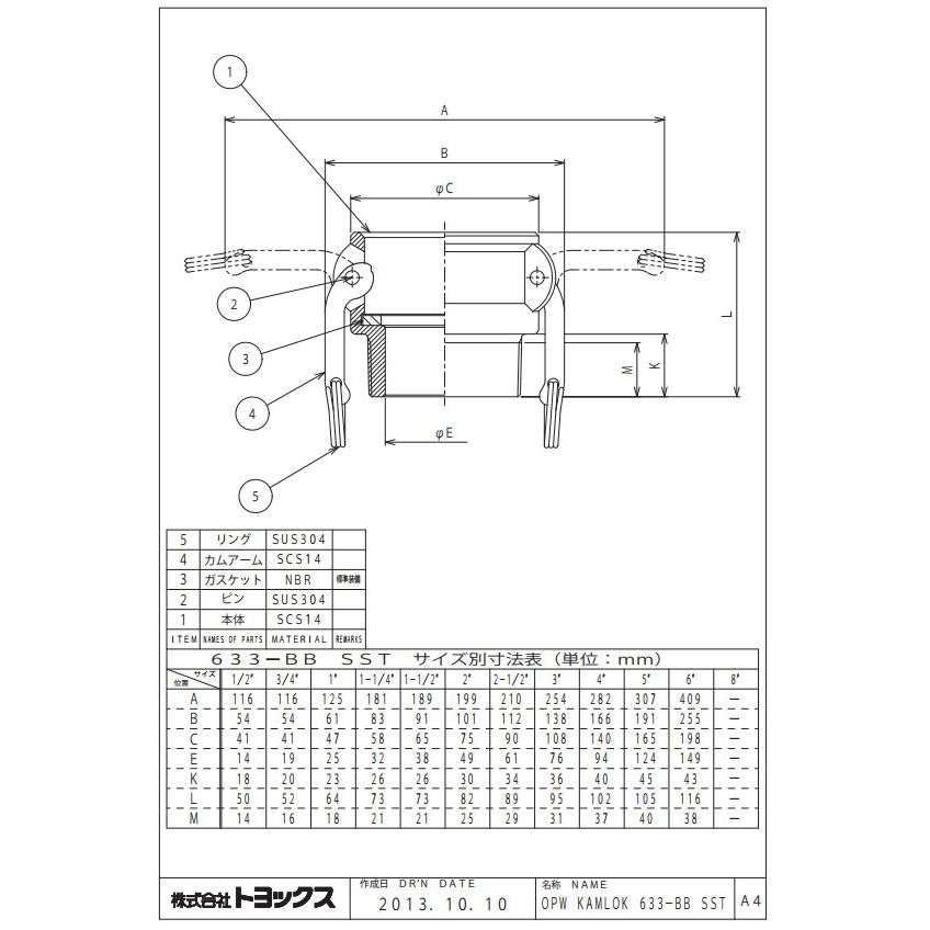 トヨックス カムロックカプラー オネジ ステンレススチール 65A 633-BB_1