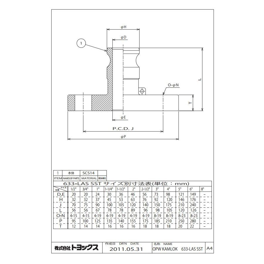 トヨックス カムロックアダプター フランジ付(標準品JIS10K相当品) ステンレス 100A 633-LAS_1