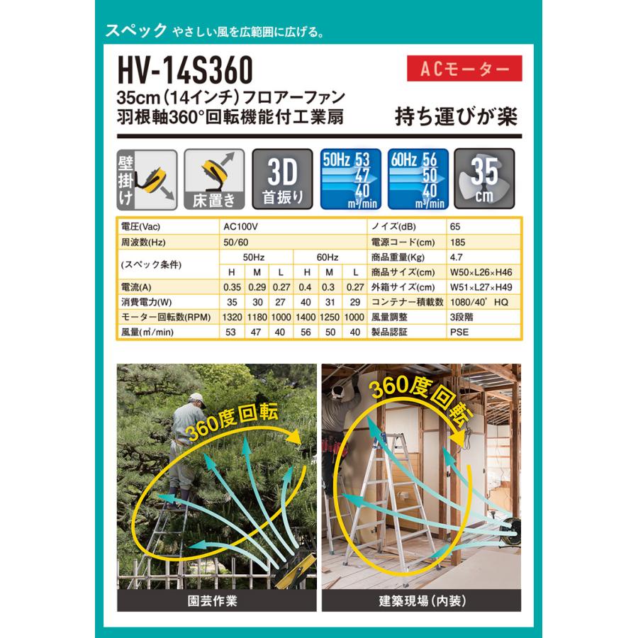 【CAT】360度回転機能 サーキュレーター HV-14S360 35cm HV-14S360 35cmフロアーファン羽根軸360°回転機能付工場扇 1台