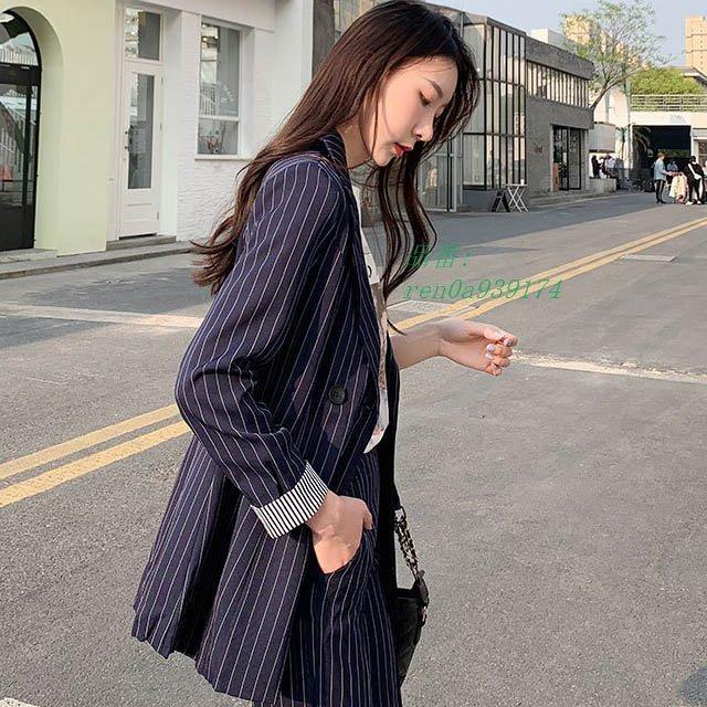 2点セット スーツ レディース パンツスーツ 秋 ネイビー ベルト付き 韓国風 ストライプ お洒落 紺色 ウエストゴム 8分丈パンツ テーラードジャケット