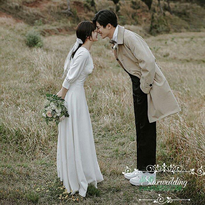 予約販売品 ウエディングドレス 披露宴 前撮り ロング丈 袖あり 花嫁 ワンピース イブニングドレス ウエディングドレス 結婚式 二次会 ブライダル 7分袖 白 ブライダル 数量限定 Www Thedailyspud Com