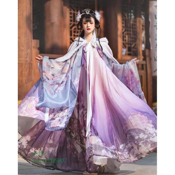 コスプレ衣装 紫系豪華 華流 鶴プリント中国古代宮廷衣装 唐装