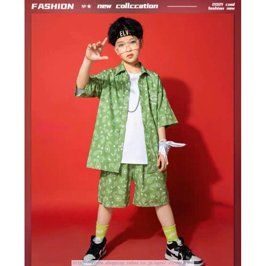 キッズ ダンス衣装 柄 半袖 シャツ 団体服 パンツ ヒップホップ イベント 子供 男の子 トップス キッズ 女の子 ダンス衣装 団体服 グリーンHIPHOP 男女兼用｜egret-street3rd｜02