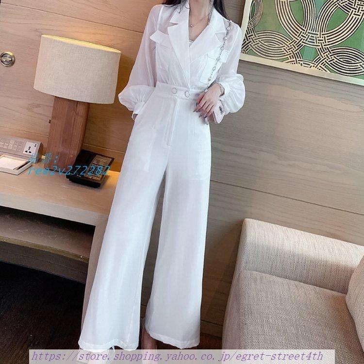 パーティドレス パンツドレス レディース オールインワン カシュクール ウエストマーク 透け感 パフスリーブ フシースルー 襟付き 長袖 バルーンスリーブ