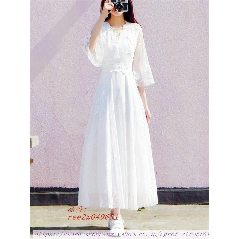 魅力の 白ワンピース ワンピ 可愛い 長袖 ホワイト レース Aライン スピーカースリーブ 袖あり ミモレ丈 Vネック レース 夏 大人可愛い ワンピース サイズ L Www Hestanto Web Id