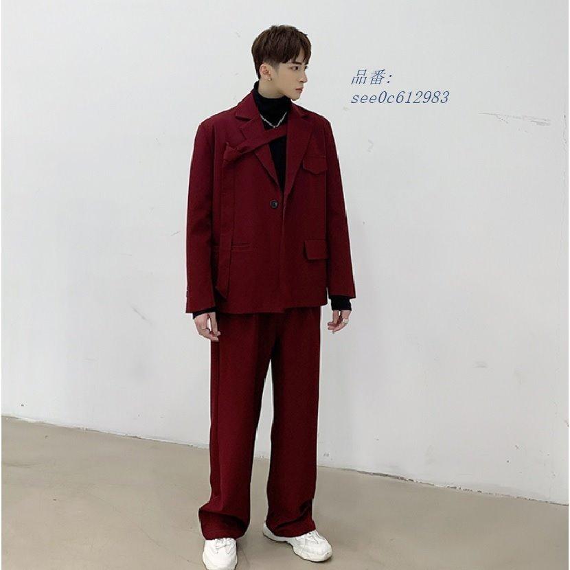 送料無料 メンズ スーツセット カラースーツ パンツ 長袖 赤い 韓国 オーバーサイズ セットアップ ジャケット ビックサイズ ルーズ