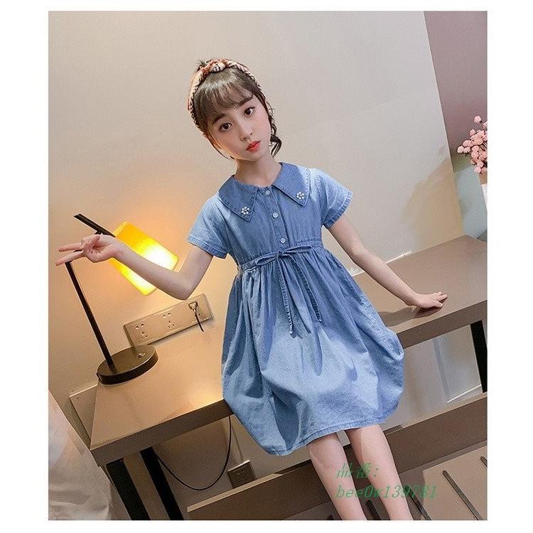 韓国子供服 可愛い 夏 薄手 子ども服 デニムワンピース 膝丈ワンピース 通園 お出かけ ワンピース 半袖ワンピース 通学着 ジュニア キッズ 女の子 経典