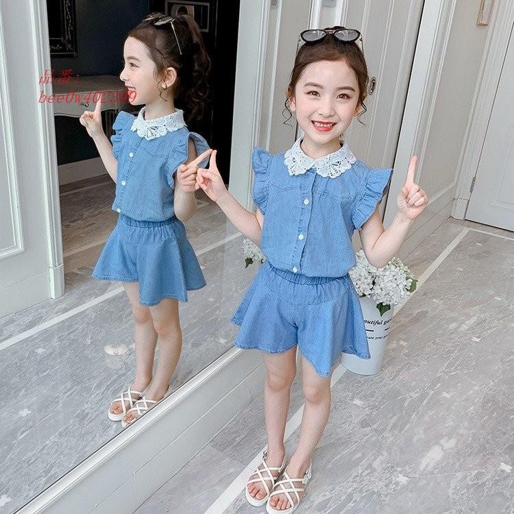韓国子供服 上下セット 薄手 トップス 女の子 セットアップ ジュニア ショートパンツ お出かけ 通学着 デニム 可愛い キッズ 2点セット 夏 子ども服 破格値下げ