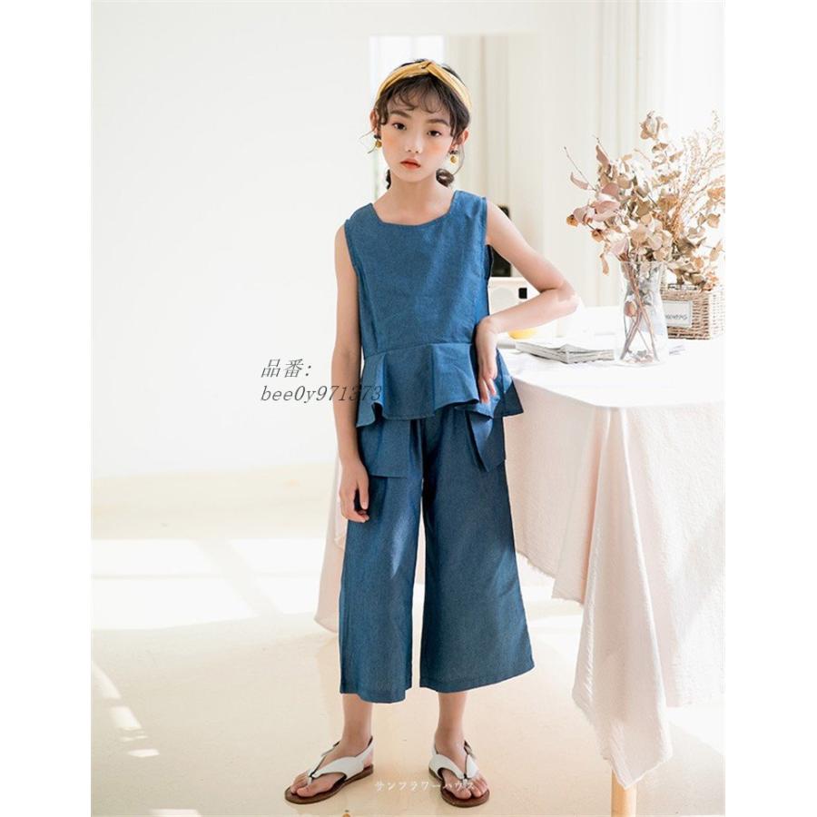 韓国子供服 女の子 キーズ セットアップ シャツ パンツ 可愛い ジュニア おしゃれ カジュアル ワイトパンツ シンプル 夏服 上下セット お出かけ プレゼント 人気アイテム