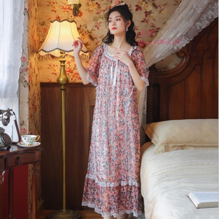 半袖パジャマ マキシ丈ルームウェア ナイトドレス 部屋着 ロングワンピースパジャマ ネグリジェ 姫系ルームウェア レトロ宮廷風部屋着二枚 V2dushqpae 下着 靴下 部屋着 Gearbox Part Com