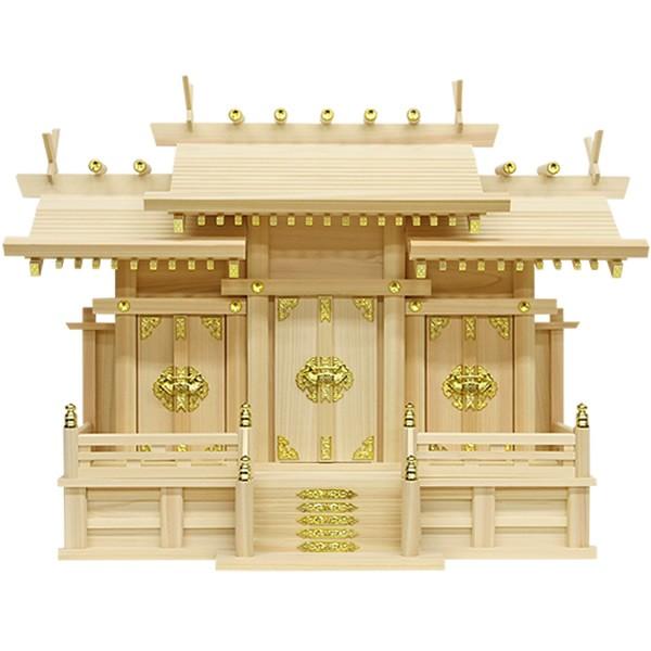 三社神棚 お寺さま専門職店のお宮 大屋根喰い違い三社(大)ひのき #2 神棚、神具-神棚