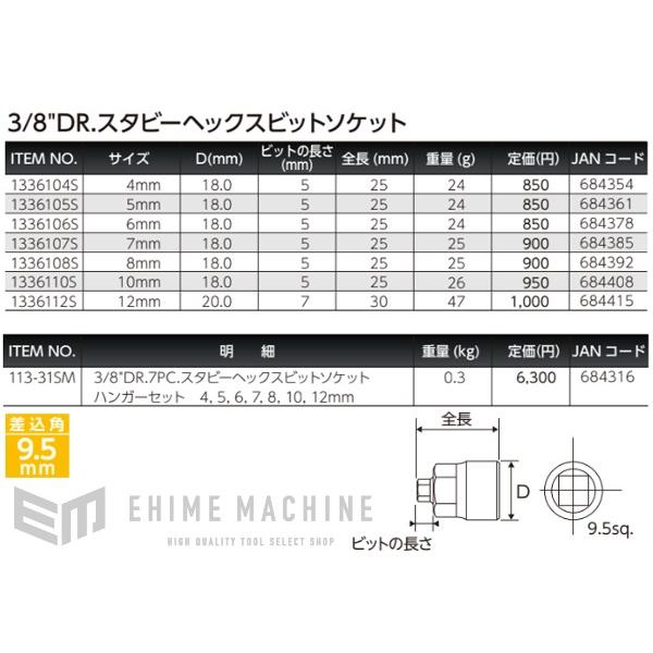 Pro-Auto 113-31SM 3/8 DR. 7PC. スタビーヘックスビットソケット
