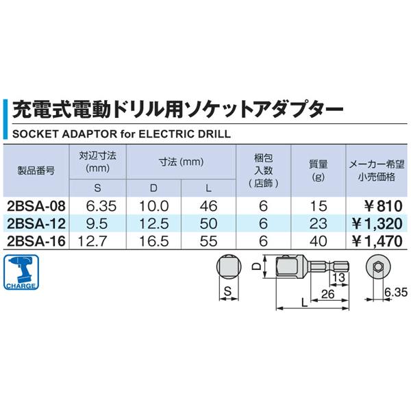 TONE 充電式電動ドリル用ソケットアダプター 9.5sq.用 2BSA-12 トネ 工具｜ehimemachine｜02