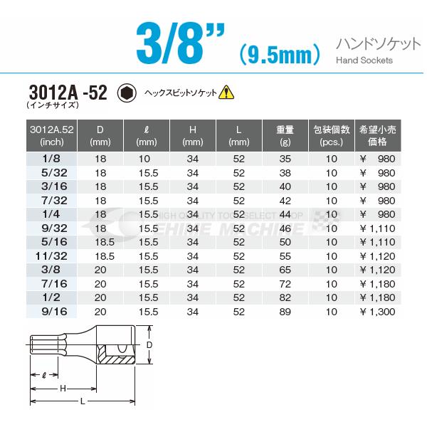 Ko-ken（コーケン） 3012A-52-5/32 インチサイズ 9.5sq. ヘックス