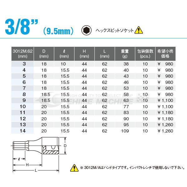 Ko-ken（コーケン） 3012M-62-5 サイズ5mm 9.5sq. ヘックスビット