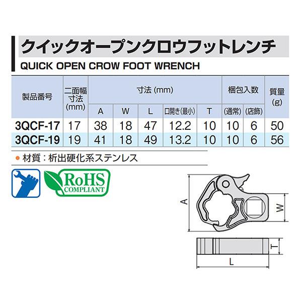 TONE（トネ） クイックオープンクロウフットレンチ 対辺寸法19mm 差込