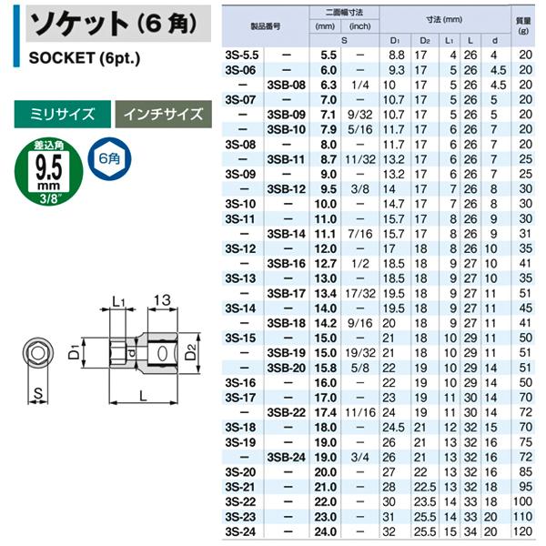 TONE トネ 9.5sq. ソケット （6角） 13mm 3S-13 【ネコポス対応】｜ehimemachine｜06