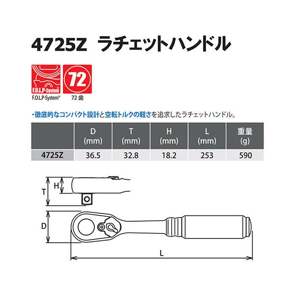 Z-eal 12.7sq.ラチェットハンドル 4725Z-G72 72枚ギア 1/2ラチェットハンドル ジール Ko-ken コーケン｜ehimemachine｜08