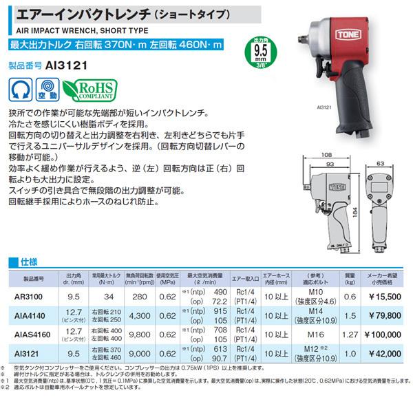TONE AI3121 9.5sq.エアーインパクトレンチ(ショートタイプ) トネ :ai3121:EHIME MACHINE 1号店 通販 トネ(TONE) エアーインパクトレンチ(ショートタイプ) AI3121 差込角9.5mm(3 8") レッド 460N・m
