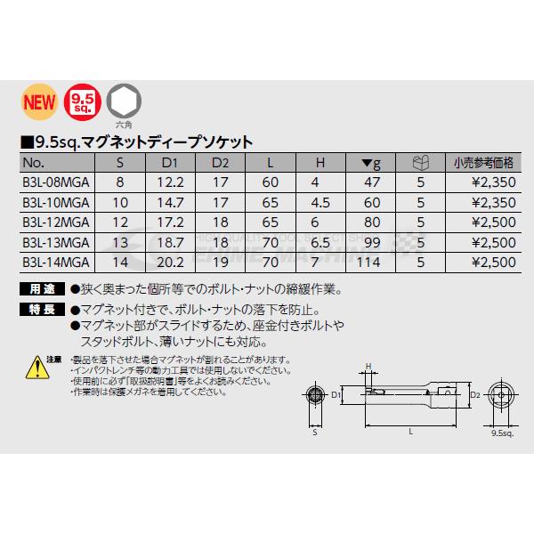 KTC B3L-12MGA サイズ12mm 9.5sq.六角マグネットディープソケット｜ehimemachine｜05