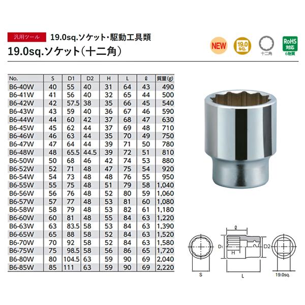 京都機械工具 株 KTC 19.0sq.ディープソケット JP 十二角 B45-44 44mm