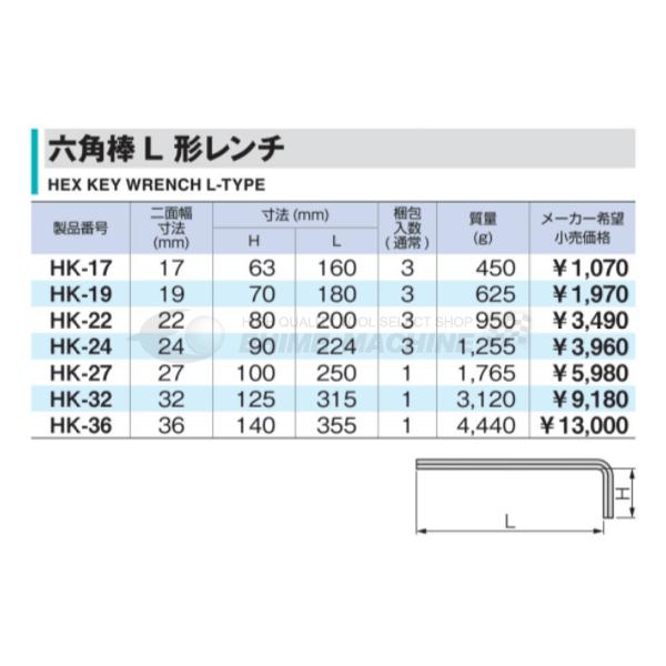 TONE（トネ） 六角棒L形レンチ 19mm (HK-19)(4953488263404) トネ