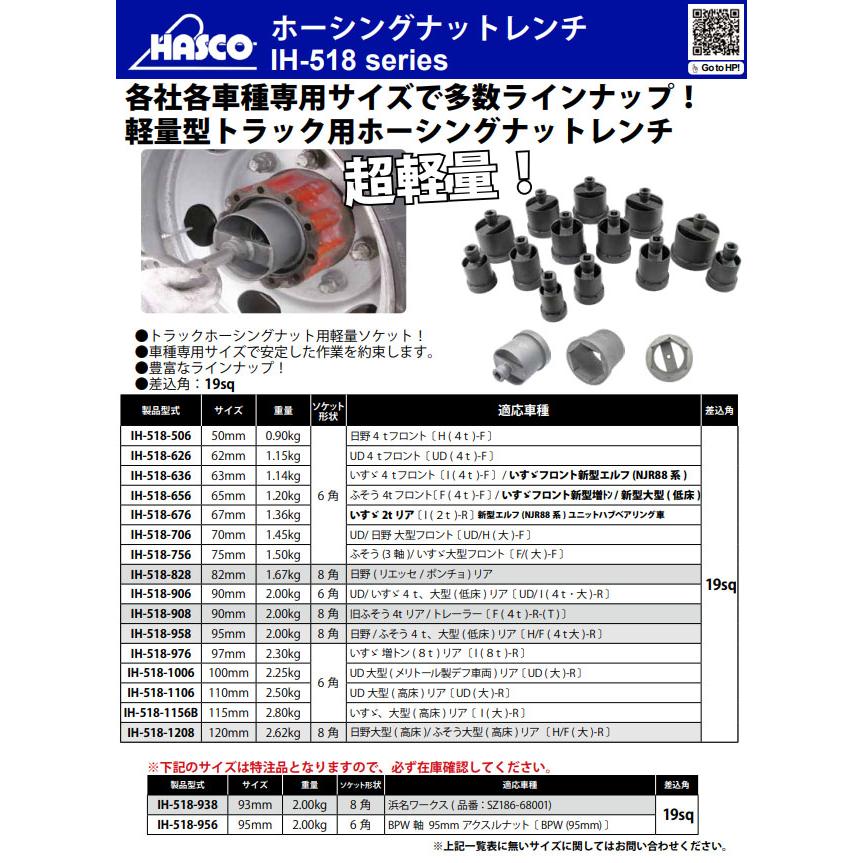 ハスコー ホーシングナットレンチ 90mm 6角 (IH-518-906 