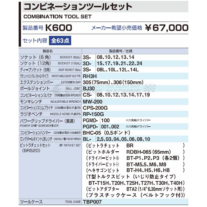 TONE トネ 9.5sq. コンビネーションツールセット 42点 K600 : k600