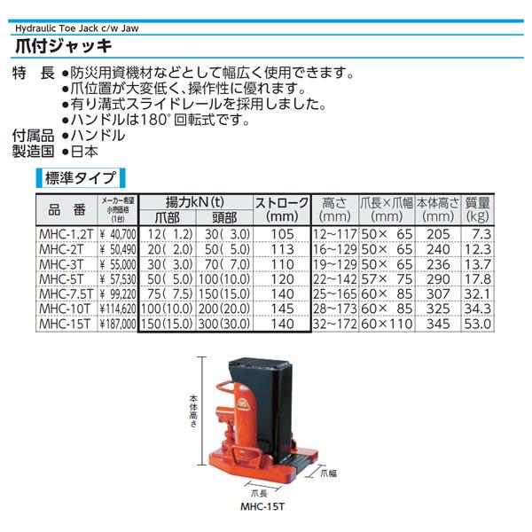 2022SUMMER/AUTUMN新作 マサダ製作所 爪付油圧ジャッキ MHC-7.5T 標準タイプ油圧ジャッキ マサダ 爪付油圧ジャッキ 310 x 220 x 340 mm MHC5TL 1点