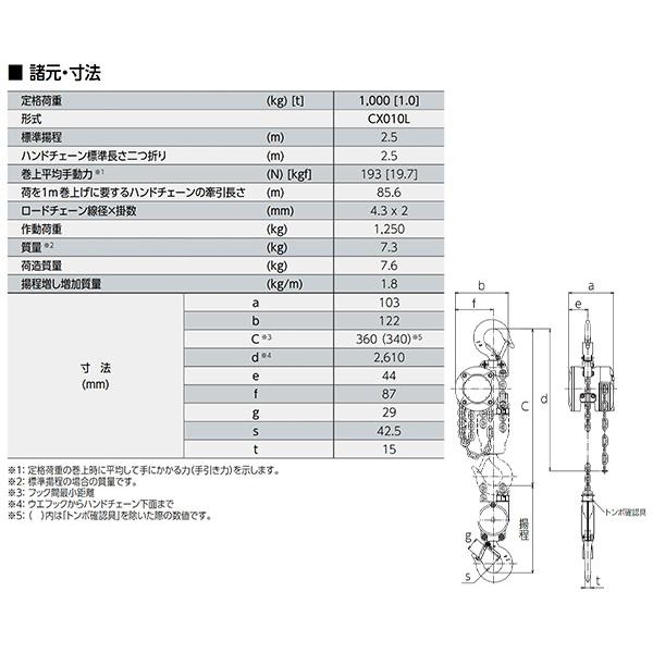 KITO（キトー） キトーチェーンブロックCX 定格荷重1t 標準揚程2.5m 
