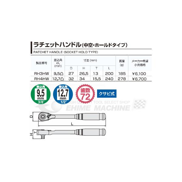 TONE（トネ） ラチェットハンドル(中空・ホールドタイプ) 歯数72枚 差