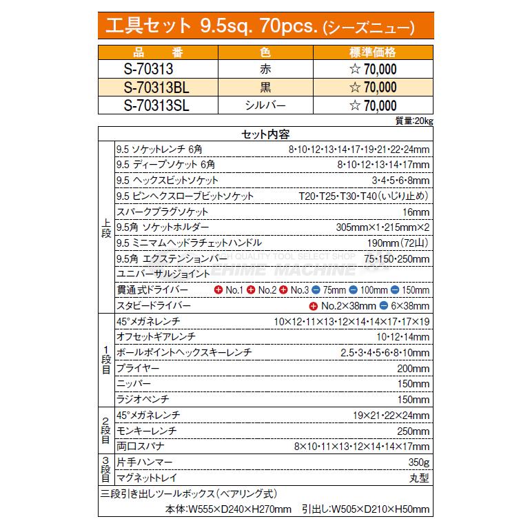 SEEDNEW シーズニュー 9.5sq. ツールセット 70点（ブラック） S