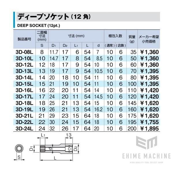 TONE 3D-16L 9.5sq. ディープソケット(12角) 16mm トネ｜ehimemachineyshop｜06