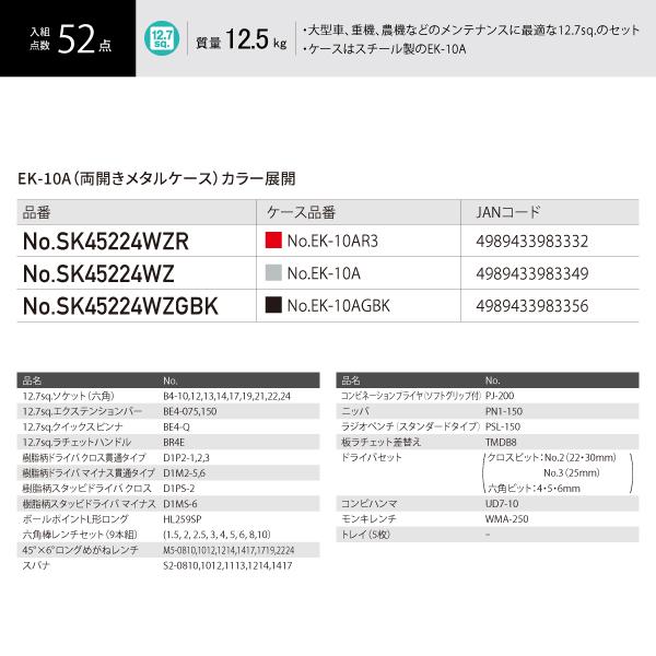 KTC 12.7sq. 52点 工具セット SK45224WZR  レッド 大型車・重機・農機用 両開きメタルケース EK-10AR3 京都機械工具 2024 SK セール｜ehimemachineyshop｜04