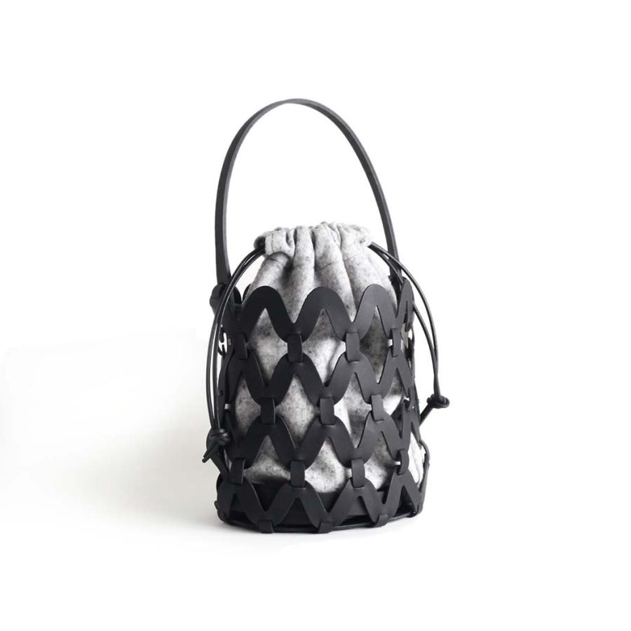 Ense アンサ かご 巾着 ショルダー バッグ sk001 sukashi 2way shoulder 巾着 レザー かごバッグ ブラック 黒 ウール グレー 日本製 牛革 本革 ステアレザー … | Ense | 02