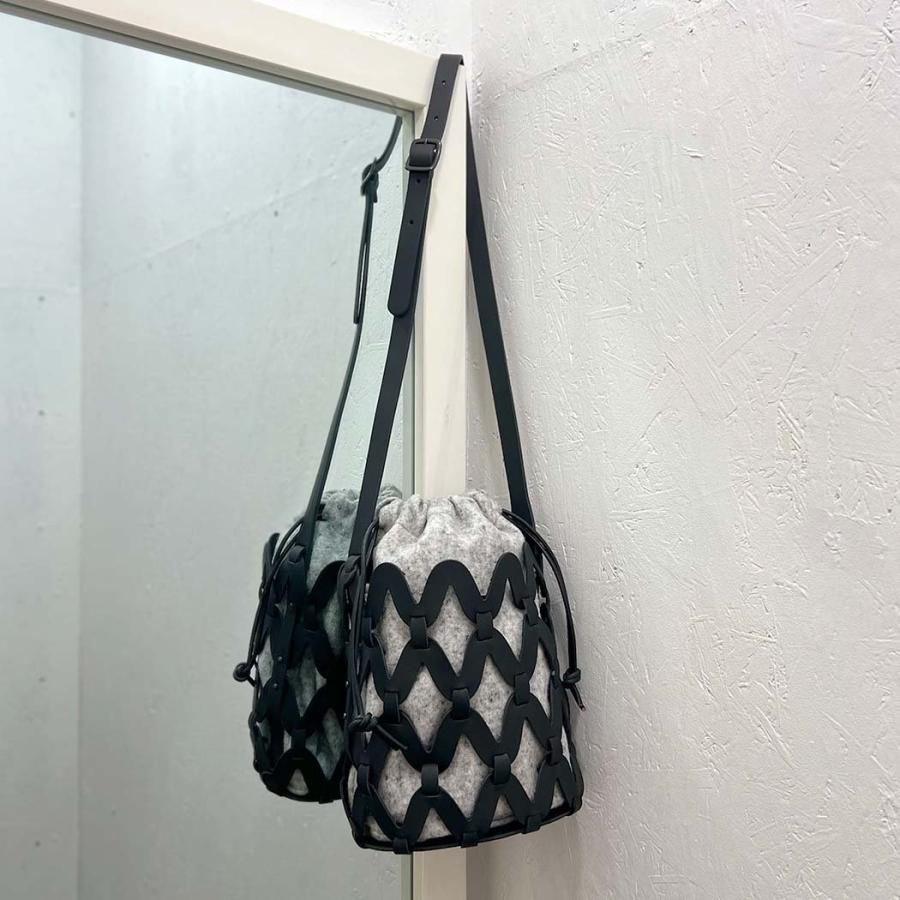 Ense アンサ かご 巾着 ショルダー バッグ sk001 sukashi 2way shoulder 巾着 レザー かごバッグ ブラック 黒 ウール グレー 日本製 牛革 本革 ステアレザー … | Ense | 05