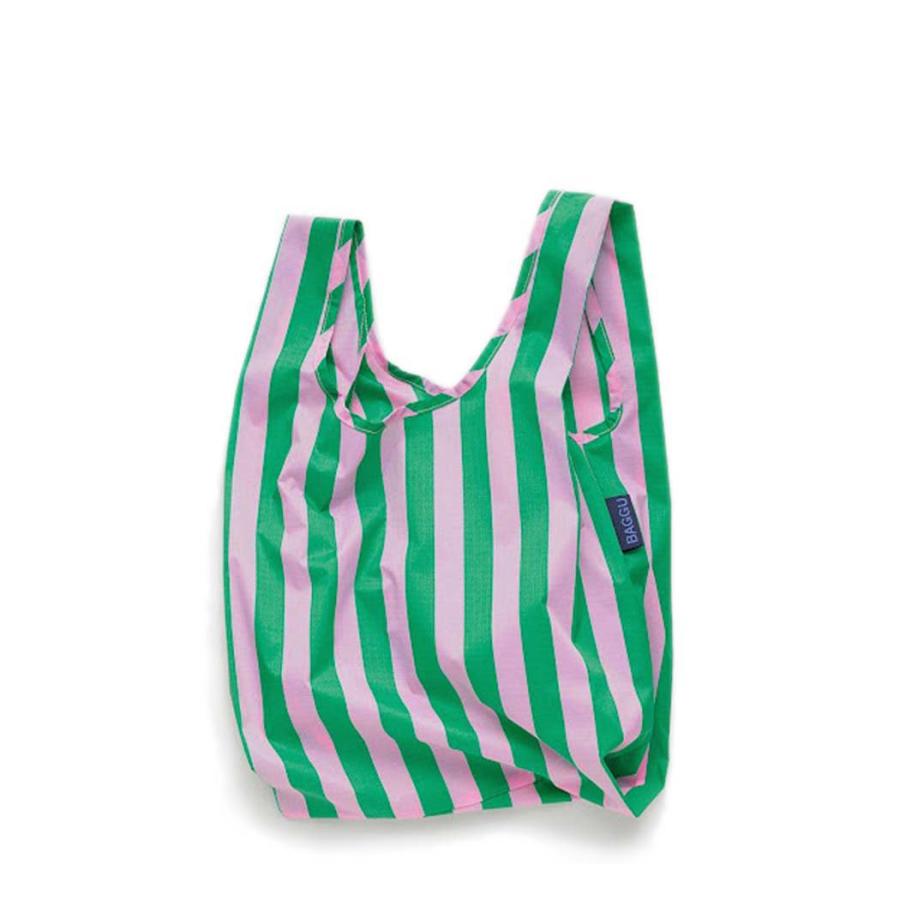 BAGGU バグー BABY エコバッグ ストライプ ピンク × グリーン 2023年 新色 ベビー 洗濯可能 折り畳み コンパクト 軽量 ミニ コンビニ レジ袋型 入園 入学 準… | BAGGU