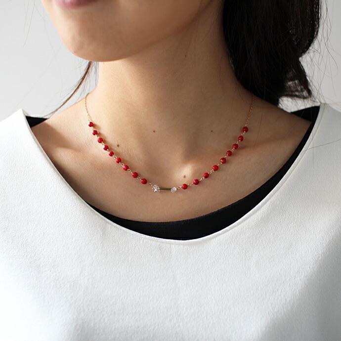 cocozelle（ココゼル） / CON-06 crystal backlace ネックレス - 珊瑚 レディース ギフト プレゼント 記念日 アクセサリー ジュエリー 20代 30… | 