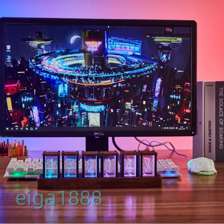 デジタル時計 木製ベース ニキシー管スタイル 6桁表示 RGBバックライト