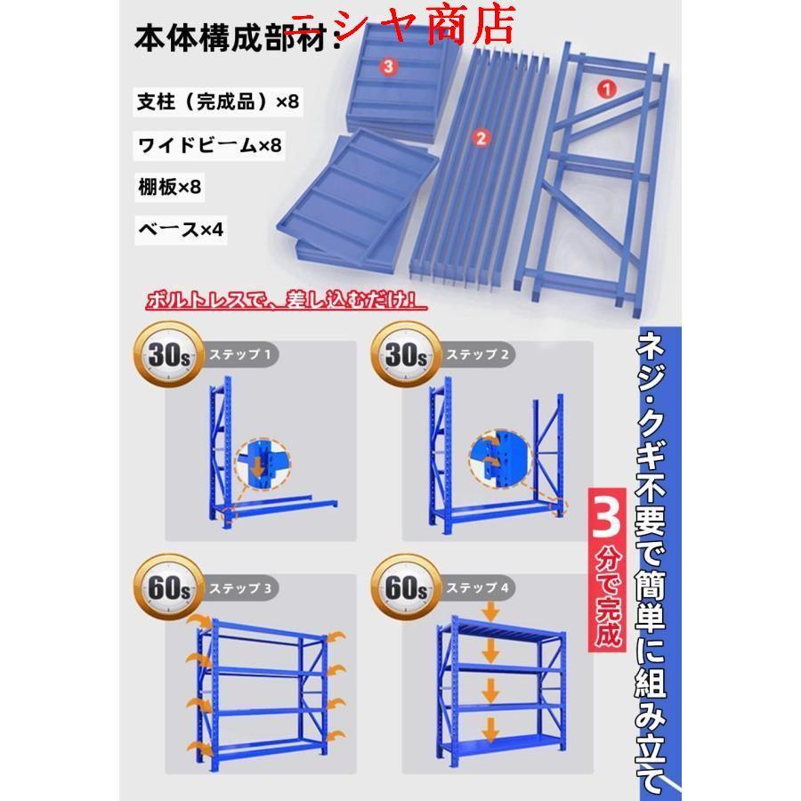 スチールラック 業務用 倉庫収納ラック 4段 メタルラック 耐荷重500KG 収納 棚 ラック 組立簡単 高さ調節可能 連結可能 オープンシェルフ 物置 作業台 (ブルー_3