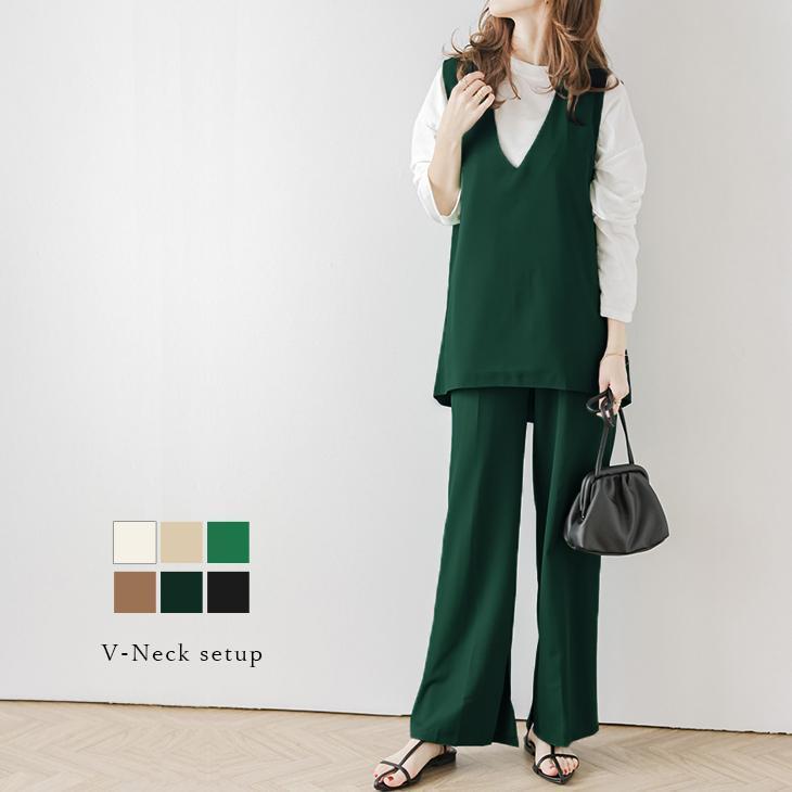 Vネック セットアップ セットアイテム フレア レディース ワイドパンツ Vネック セットアップ セットアイテム フレア レディース ベスト