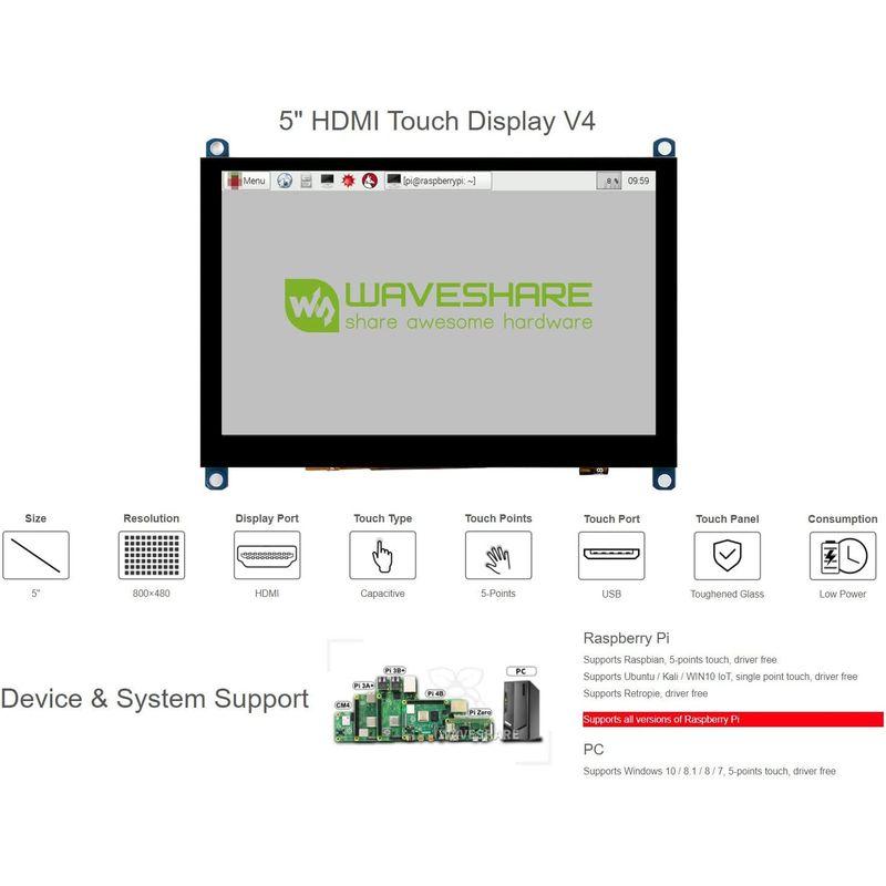 Waveshare 5インチ静電容量式タッチスクリーンLCDスリムダウン Raspberry Pi 4B/3B+/3A+/2B/B+/A+ ...