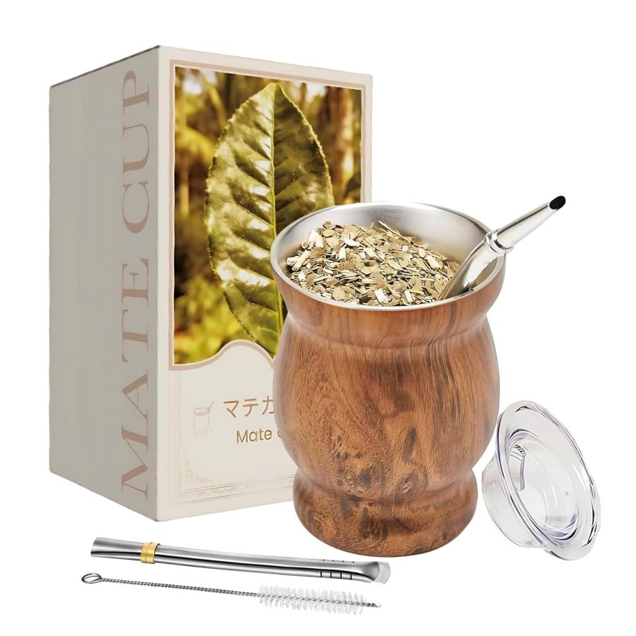 マテ茶ポット　コップ　ストロー マテ茶 カップ ステンレス製 セット 230ml 茶器 ストロー洗浄ブラシ