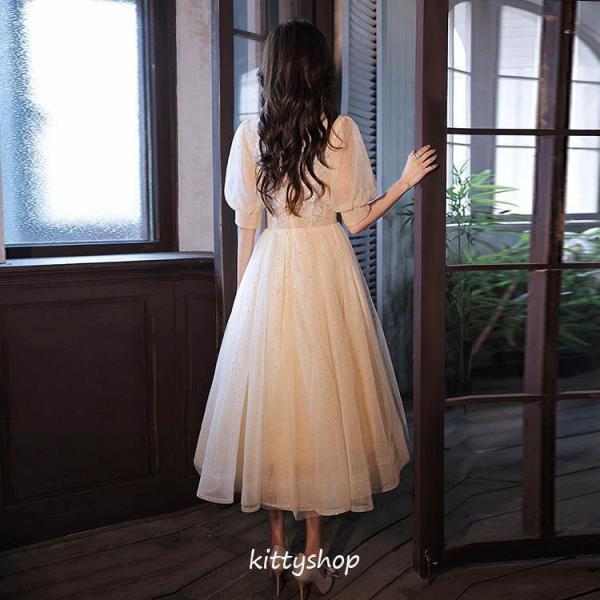 結婚式ドレス 二次会ドレス シャンパン色 ミモレ丈 可愛いドレス 結婚式ドレス 二次会ドレス シャンパン色 ミモレ丈 可愛いドレス