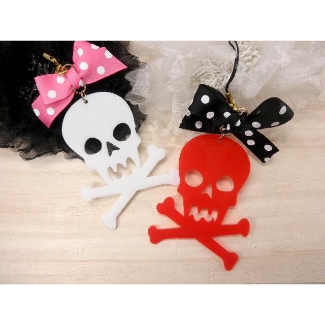 携帯ストラップ スカル ドクロ 骸骨 髑髏 リボンでお洒落した大きめ