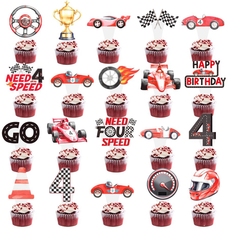 レースカー 4歳 カップケーキトッパー 48個 レーシングカー 誕生日ケーキ デコレーション ヴィンテージ レースカー 4歳の誕生日パーティー用品 レ_1
