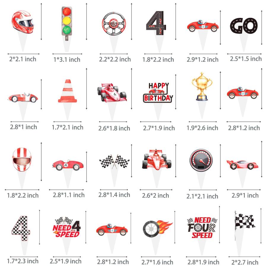 レースカー 4歳 カップケーキトッパー 48個 レーシングカー 誕生日ケーキ デコレーション ヴィンテージ レースカー 4歳の誕生日パーティー用品 レ_2