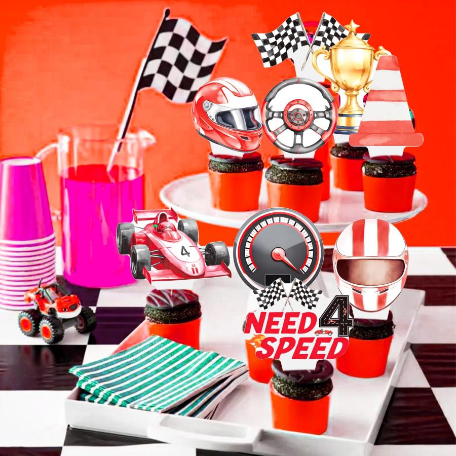 レースカー 4歳 カップケーキトッパー 48個 レーシングカー 誕生日ケーキ デコレーション ヴィンテージ レースカー 4歳の誕生日パーティー用品 レ_5