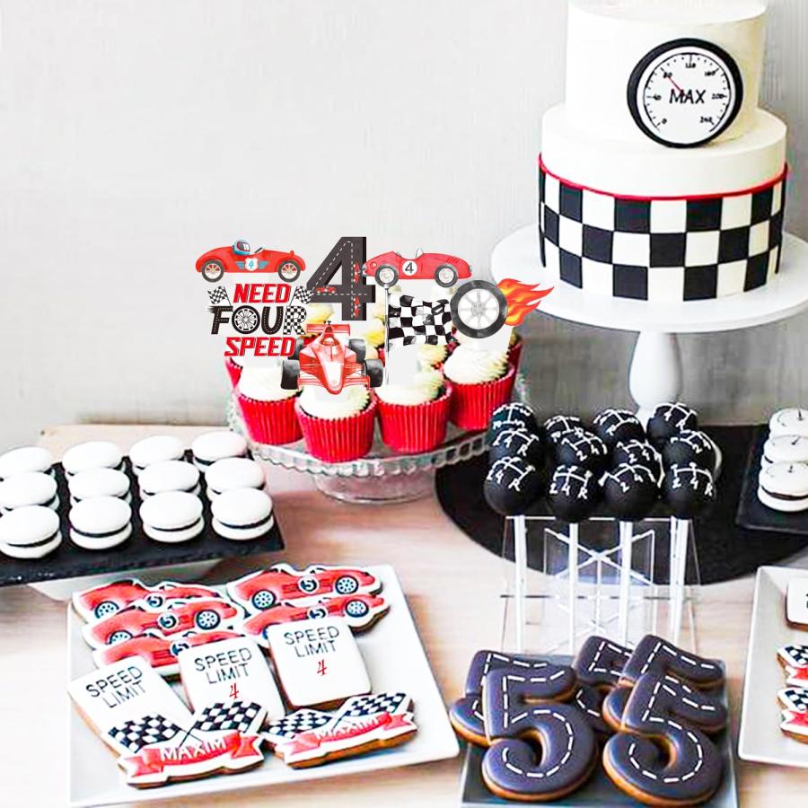 レースカー 4歳 カップケーキトッパー 48個 レーシングカー 誕生日ケーキ デコレーション ヴィンテージ レースカー 4歳の誕生日パーティー用品 レ_6
