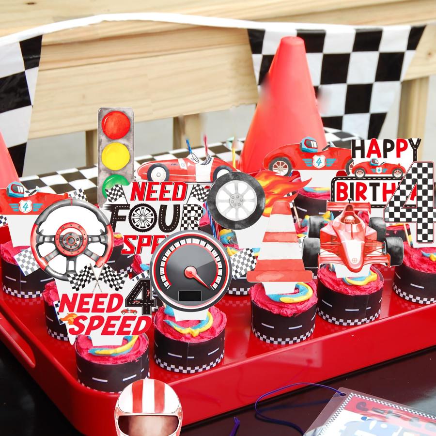 レースカー 4歳 カップケーキトッパー 48個 レーシングカー 誕生日ケーキ デコレーション ヴィンテージ レースカー 4歳の誕生日パーティー用品 レ_8